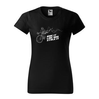 Tricou clasic, la baza gatului, negru, pentru dama, idee de cadou pentru biciclisti, Ride it Like You Stole This Bike, marime XS Tricou clasic, la baza gatului, negru, pentru dama, idee de cadou pentru biciclisti, Ride it Like You Stole This Bike, marime XS