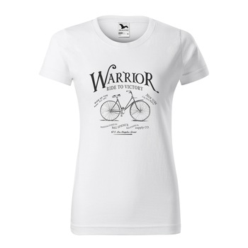Tricou clasic, la baza gatului, alb, pentru dama, idee de cadou pentru biciclisti, Warrior Ride to Victory, marime S Tricou clasic, la baza gatului, alb, pentru dama, idee de cadou pentru biciclisti, Warrior Ride to Victory, marime S