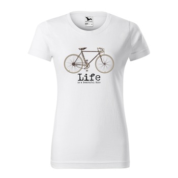 Tricou clasic, la baza gatului, alb, pentru dama, idee de cadou pentru biciclisti, Life is a Beautiful Ride, marime XL Tricou clasic, la baza gatului, alb, pentru dama, idee de cadou pentru biciclisti, Life is a Beautiful Ride, marime XL
