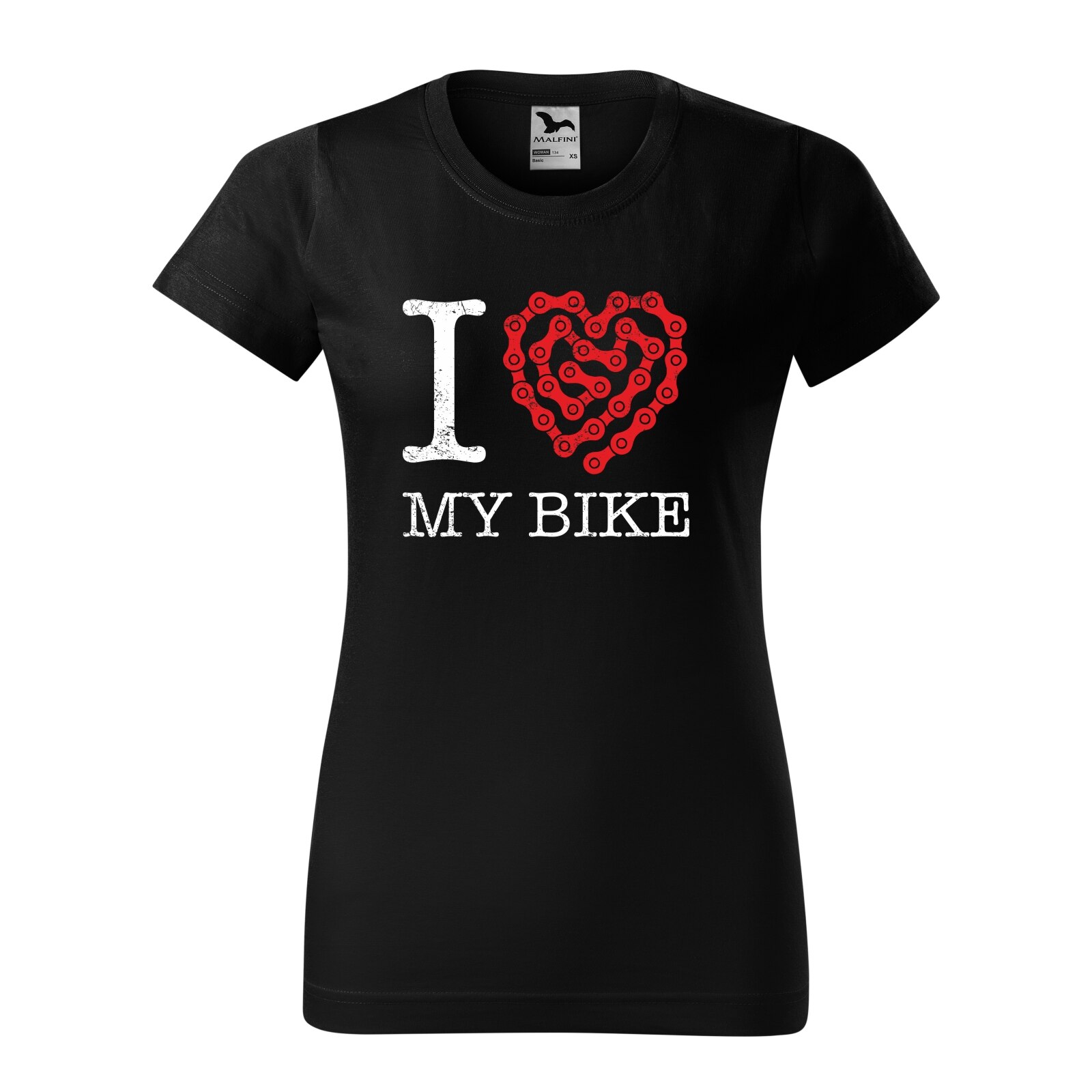 Tricou clasic, la baza gatului, negru, pentru dama, idee de cadou pentru biciclisti, I Love my Bike Chain Heart, marime M