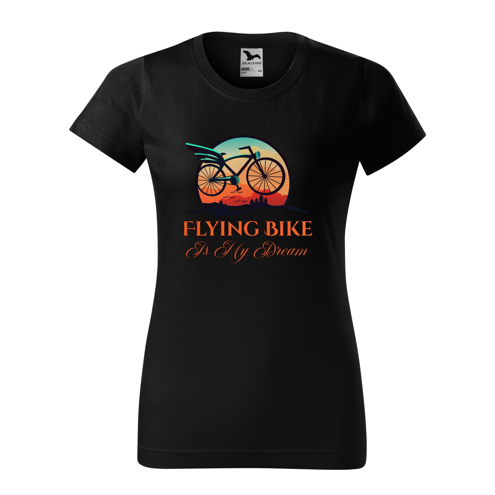 Tricou clasic, la baza gatului, negru, pentru dama, idee de cadou pentru biciclisti, A Flying Bike is my Dream, marime S