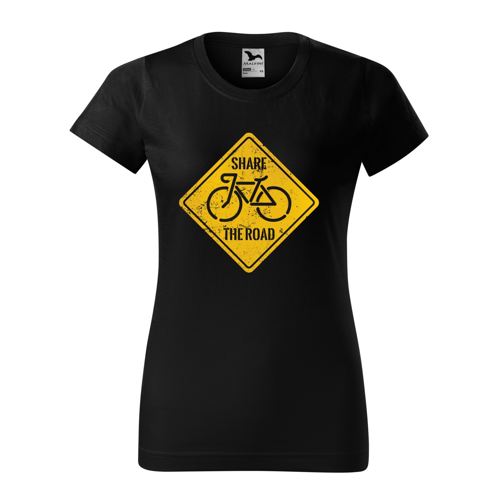 Tricou clasic, la baza gatului, negru, pentru dama, idee de cadou pentru biciclisti, Bike Sign Share the Road, marime S