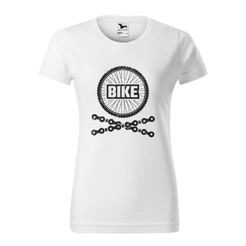 Tricou clasic, la baza gatului, alb, pentru dama, idee de cadou pentru biciclisti, Bike Bones Wheels and Chains, marime XS Tricou clasic, la baza gatului, alb, pentru dama, idee de cadou pentru biciclisti, Bike Bones Wheels and Chains, marime XS