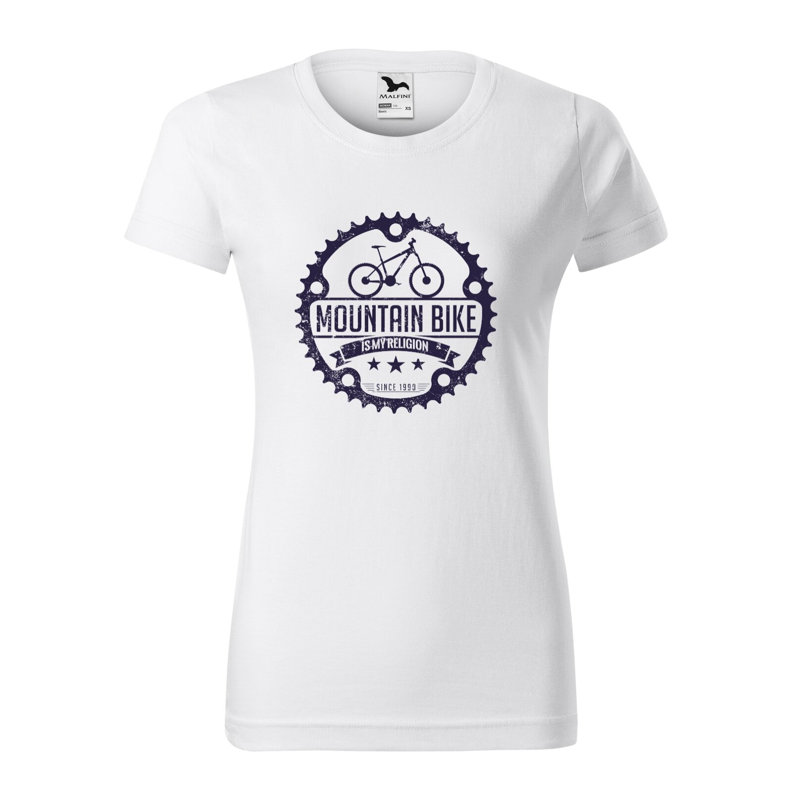 Tricou clasic, la baza gatului, alb, pentru dama, idee de cadou pentru biciclisti, MountainBike is my Religion, marime 2XL