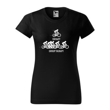 Tricou clasic, la baza gatului, negru, pentru dama, idee de cadou pentru biciclisti, Cyclist Therapy vs Group Therapy, marime S Tricou clasic, la baza gatului, negru, pentru dama, idee de cadou pentru biciclisti, Cyclist Therapy vs Group Therapy, marime S