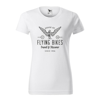 Tricou clasic, la baza gatului, alb, pentru dama, idee de cadou pentru biciclisti, House of Flying Bikes, marime M Tricou clasic, la baza gatului, alb, pentru dama, idee de cadou pentru biciclisti, House of Flying Bikes, marime M