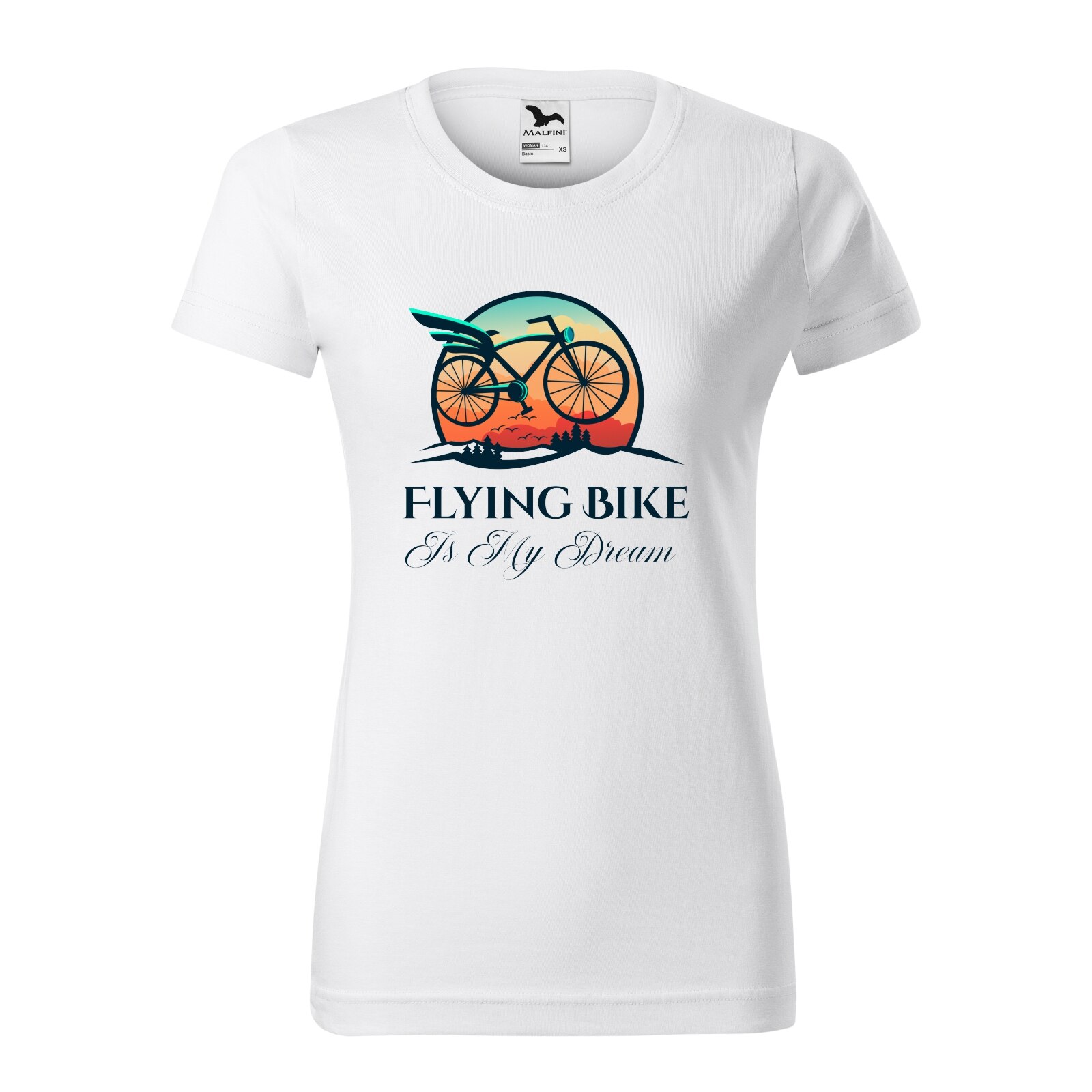 Tricou clasic, la baza gatului, alb, pentru dama, idee de cadou pentru biciclisti, A Flying Bike is my Dream, marime XL