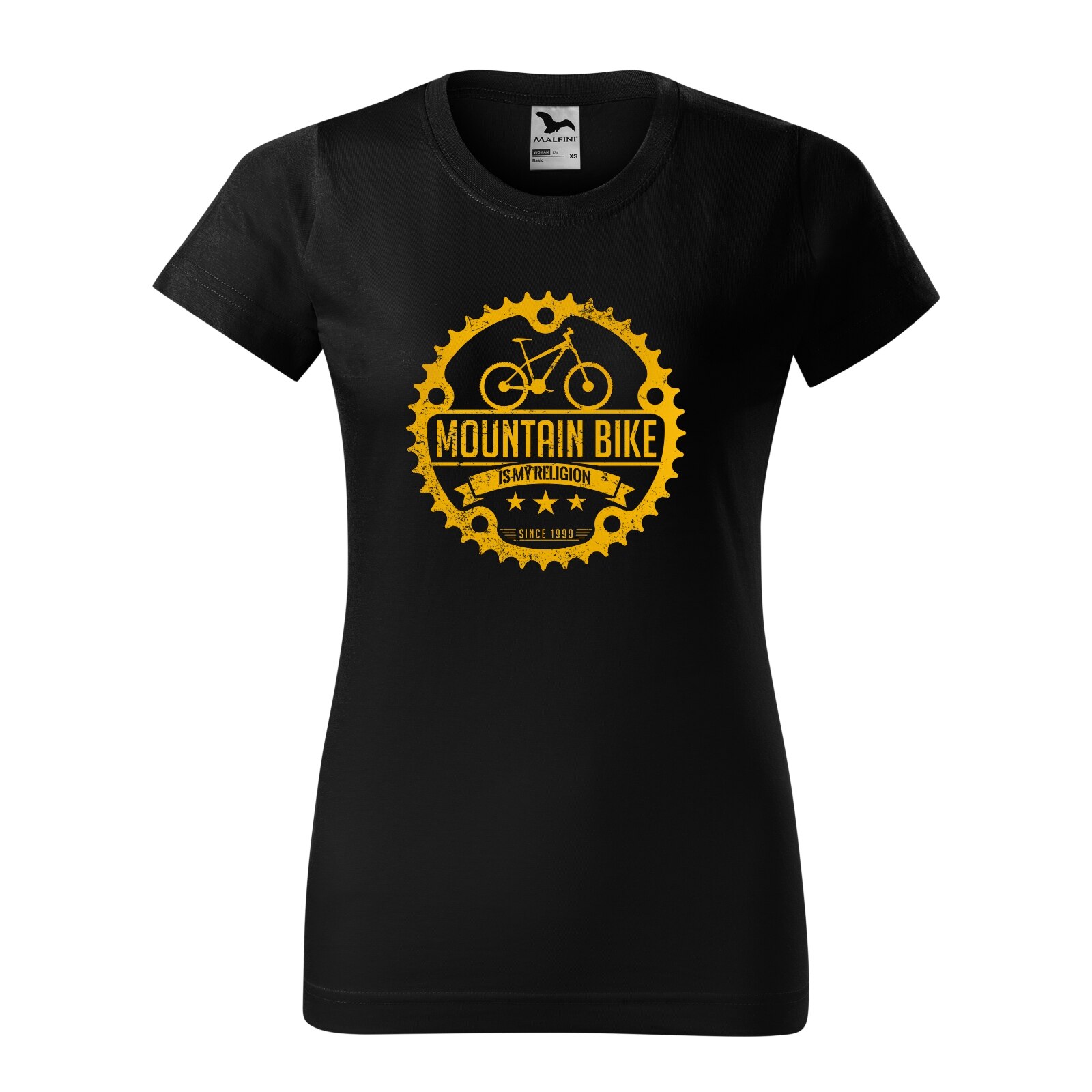 Tricou clasic, la baza gatului, negru, pentru dama, idee de cadou pentru biciclisti, MountainBike is my Religion, marime M