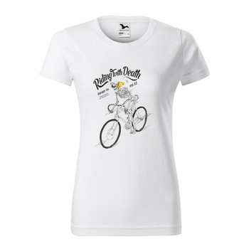 Tricou clasic, la baza gatului, alb, pentru dama, idee de cadou pentru biciclisti, Cyclist Riding with Death, marime L
