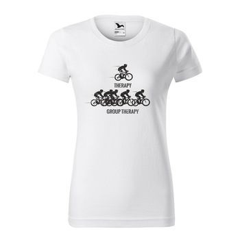Tricou clasic, la baza gatului, alb, pentru dama, idee de cadou pentru biciclisti, Cyclist Therapy vs Group Therapy, marime M Tricou clasic, la baza gatului, alb, pentru dama, idee de cadou pentru biciclisti, Cyclist Therapy vs Group Therapy, marime M