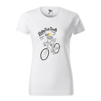 Tricou clasic, la baza gatului, alb, pentru dama, idee de cadou pentru biciclisti, Cyclist Riding with Death, marime XS