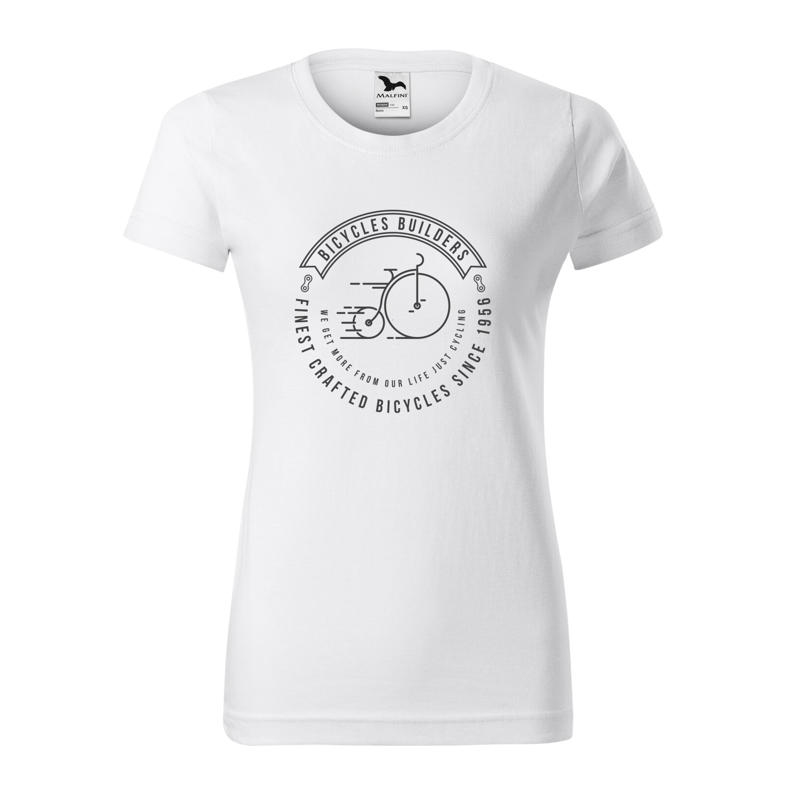 Tricou clasic, la baza gatului, alb, pentru dama, idee de cadou pentru biciclisti, Bicycle Builders, marime XS