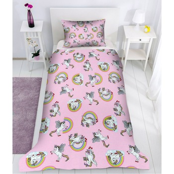 Set 3 piese Lenjerie de pat copii - Unicornii Roz 90 x 200 cm Set 3 piese Lenjerie de pat copii - Unicornii Roz 90 x 200 cm