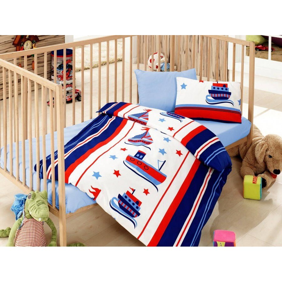 Lenjerie patut bebelusi bumbac 100% ranforce, Cotton Box, 4 piese, Marinar