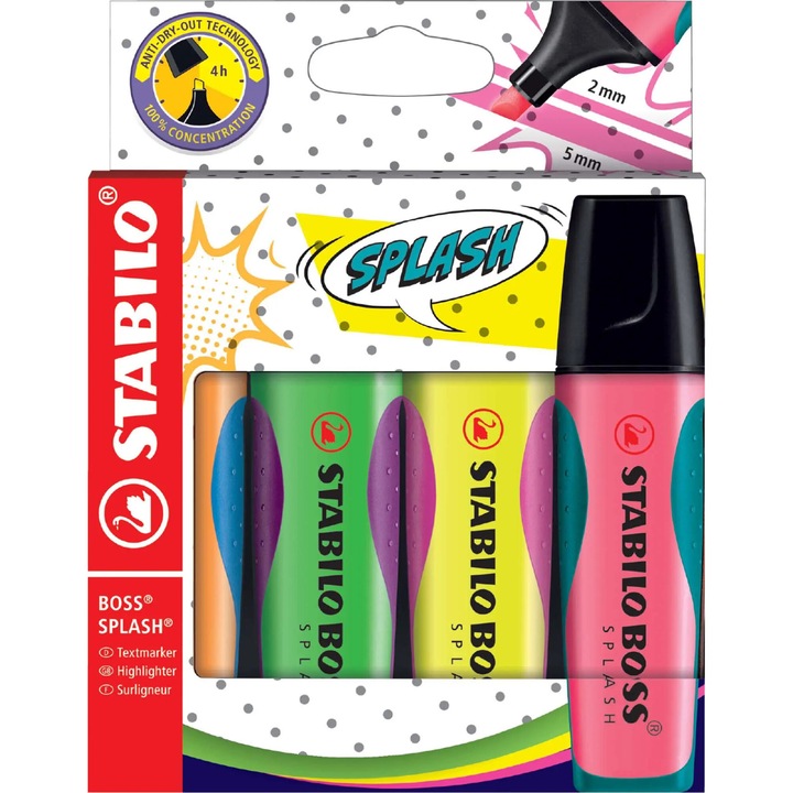 Текстмаркер Stabilo Boss Splash, 4 цвята/комплект