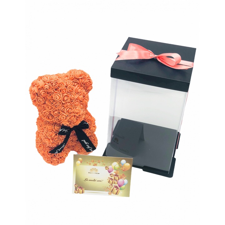 Urs floral portocaliu personalizabil cu felicitare personalizabila, ursulet decorat manual cu trandafiri din spuma, Teddy Bear 25 cm, cutie decorativa inclusa