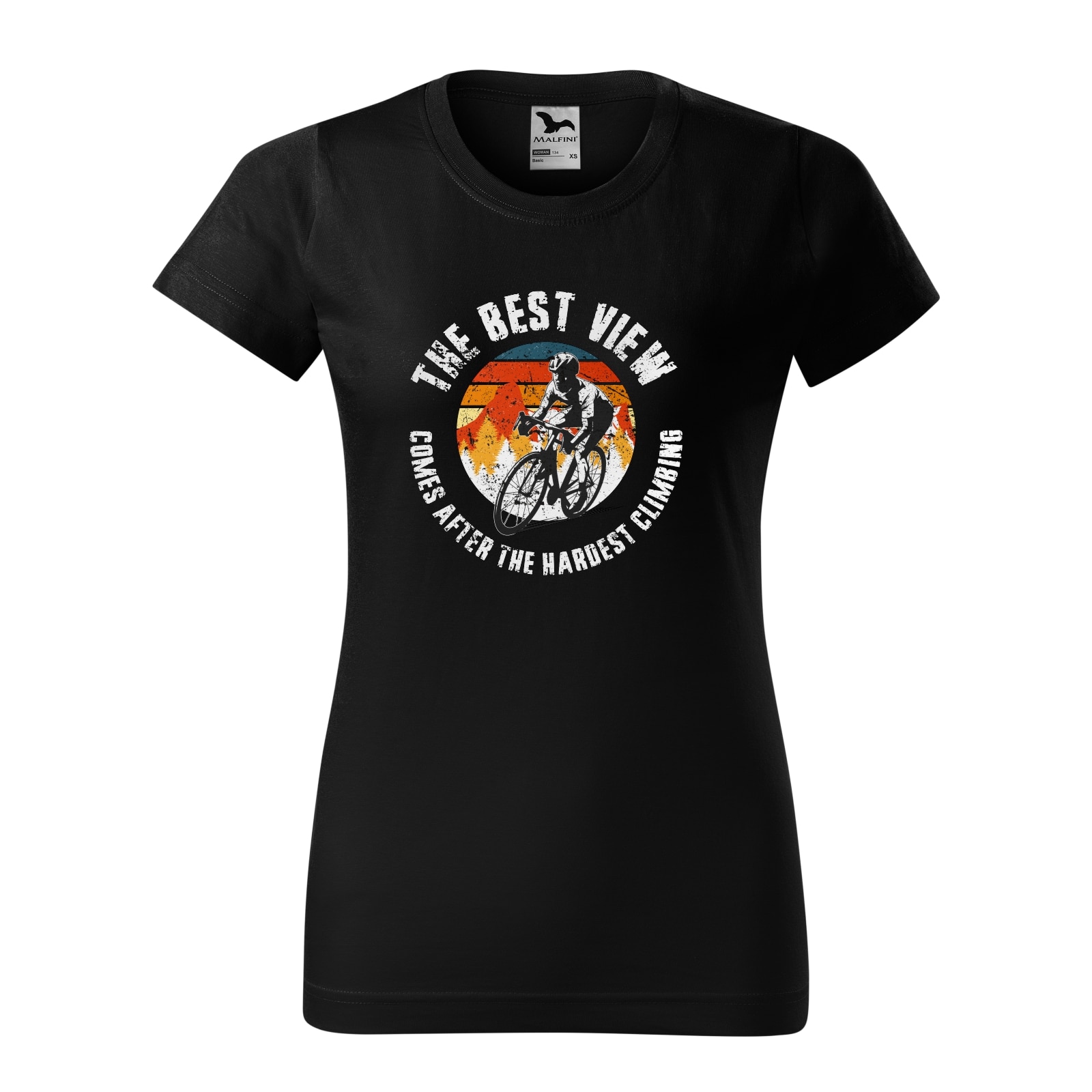 Tricou clasic, la baza gatului, negru, pentru dama, idee de cadou pentru biciclisti, The Best View Comes After the Hardest Climb, marime XS