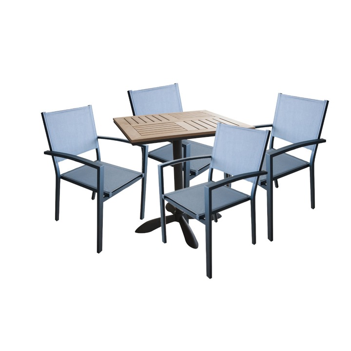 Set mobila pentru terasa, gradina RAKI HUNA masa patrata polywood 70xh74cm cu 4 scaune cu brate din panza cu cadru aluminiu