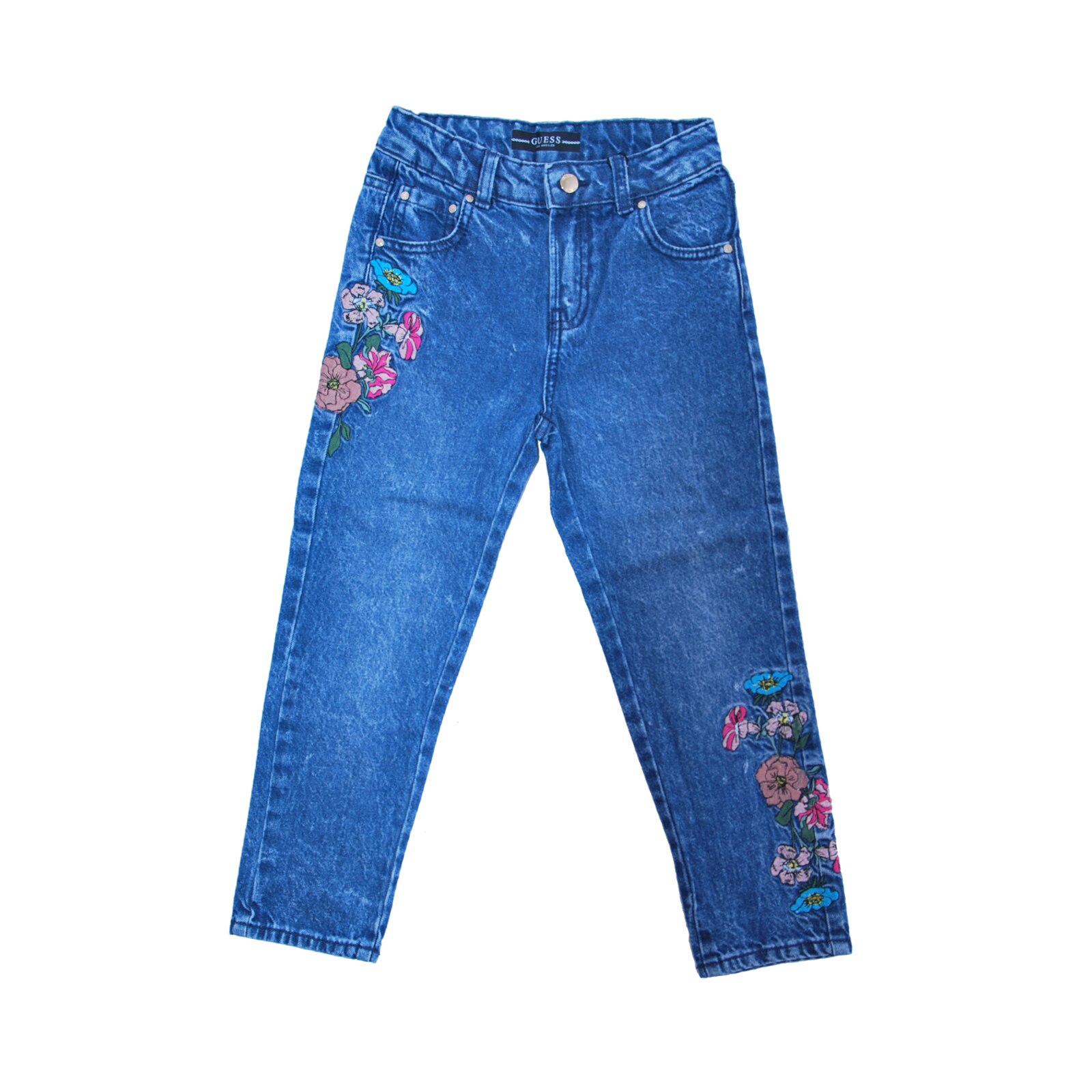 Blugi Guess Albastru jeans, aplicatie brodata cu flori, Albastru jeans