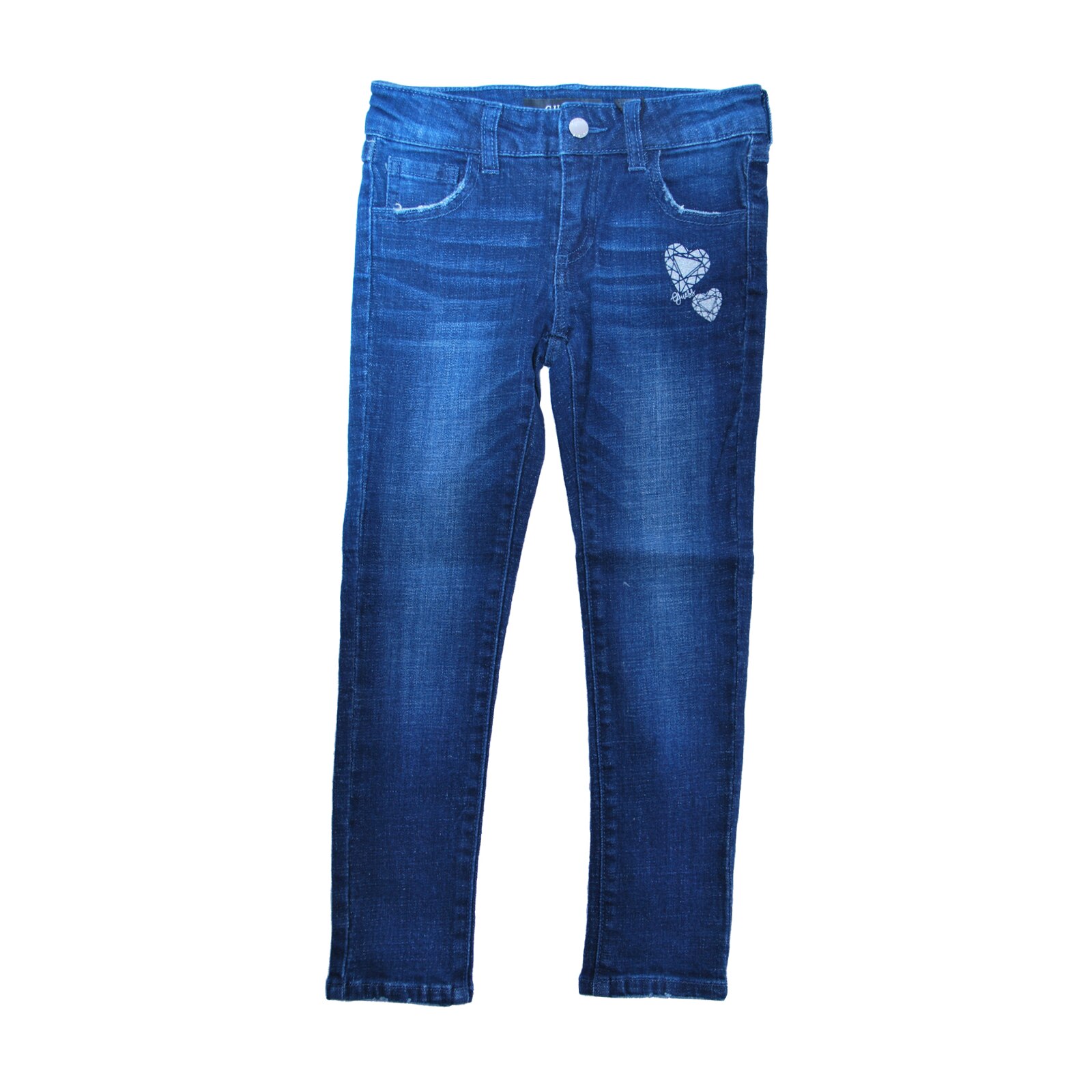Blugi Guess pentru fete, aspect uzat, culoare albastru inchis, 6 ani