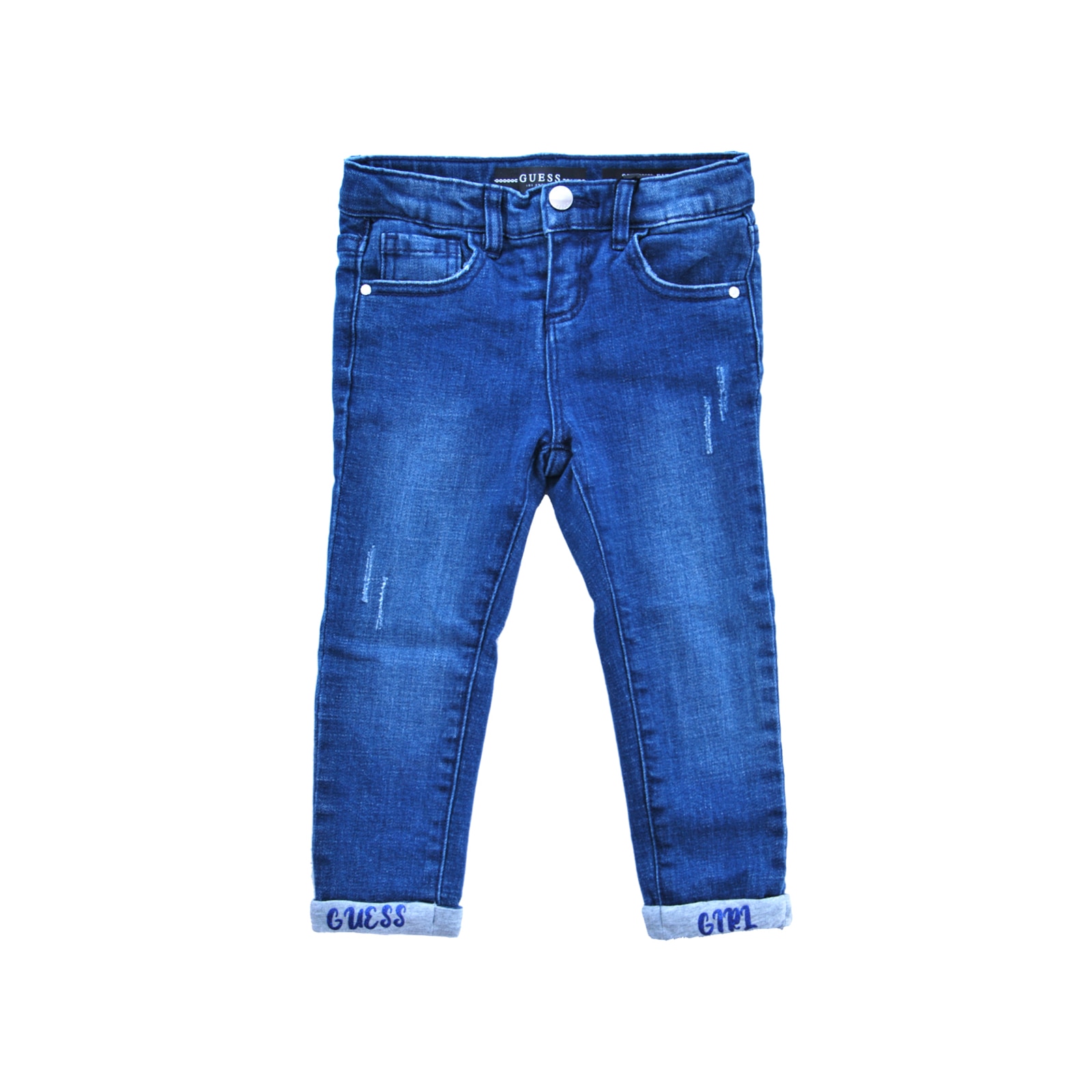 Blugi Guess pentru fete, culoare Albastru jeans, aspect uzat, 3 ani