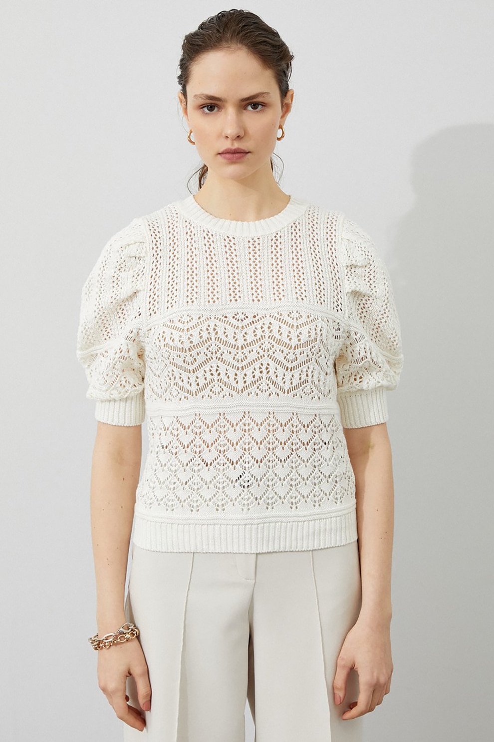 KOTON, Pulover cu detalii pointelle si maneci bufante, Alb, XL