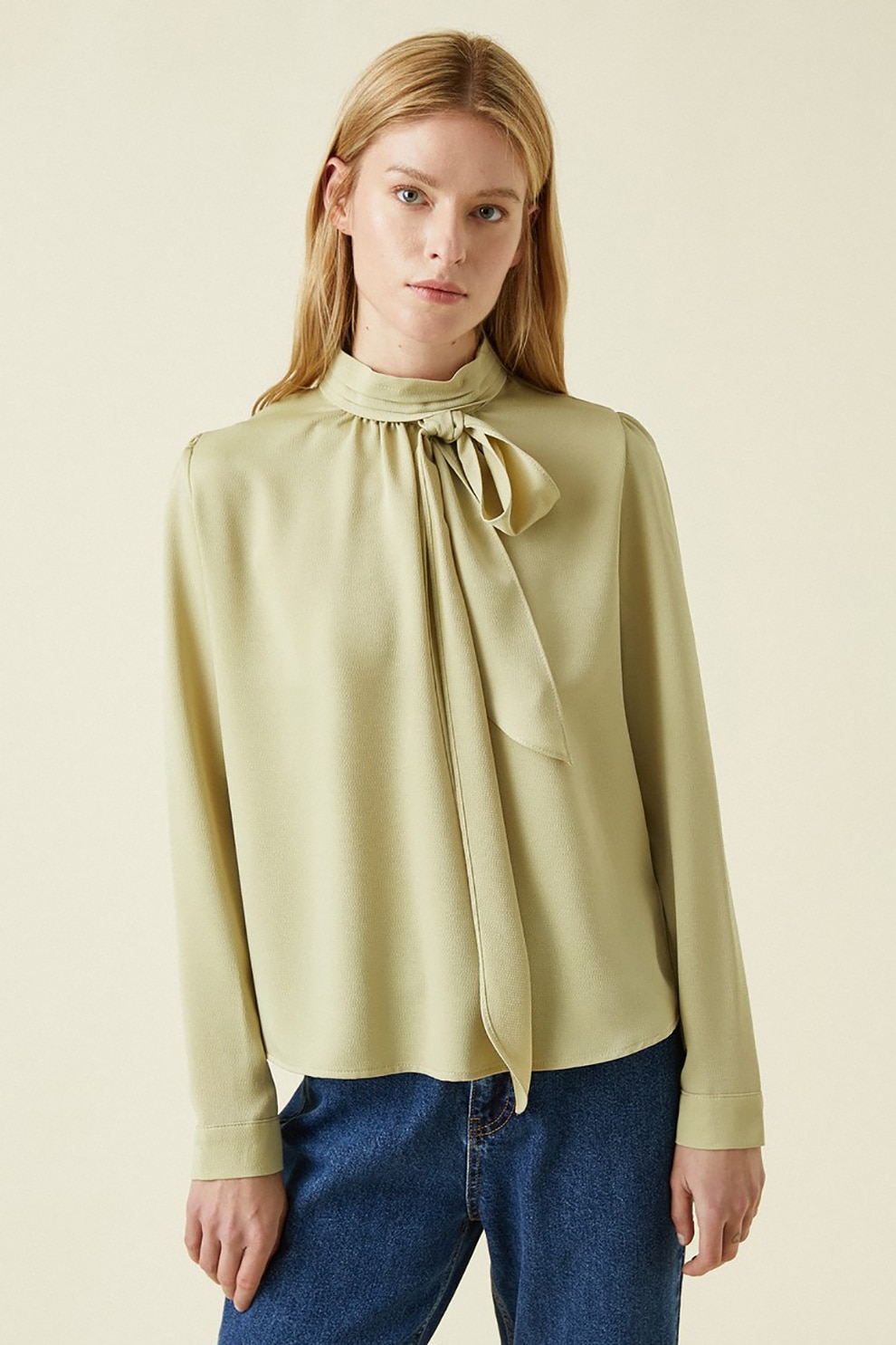 KOTON, Bluza vaporoasa cu funda din panglici, Verde pal, XL