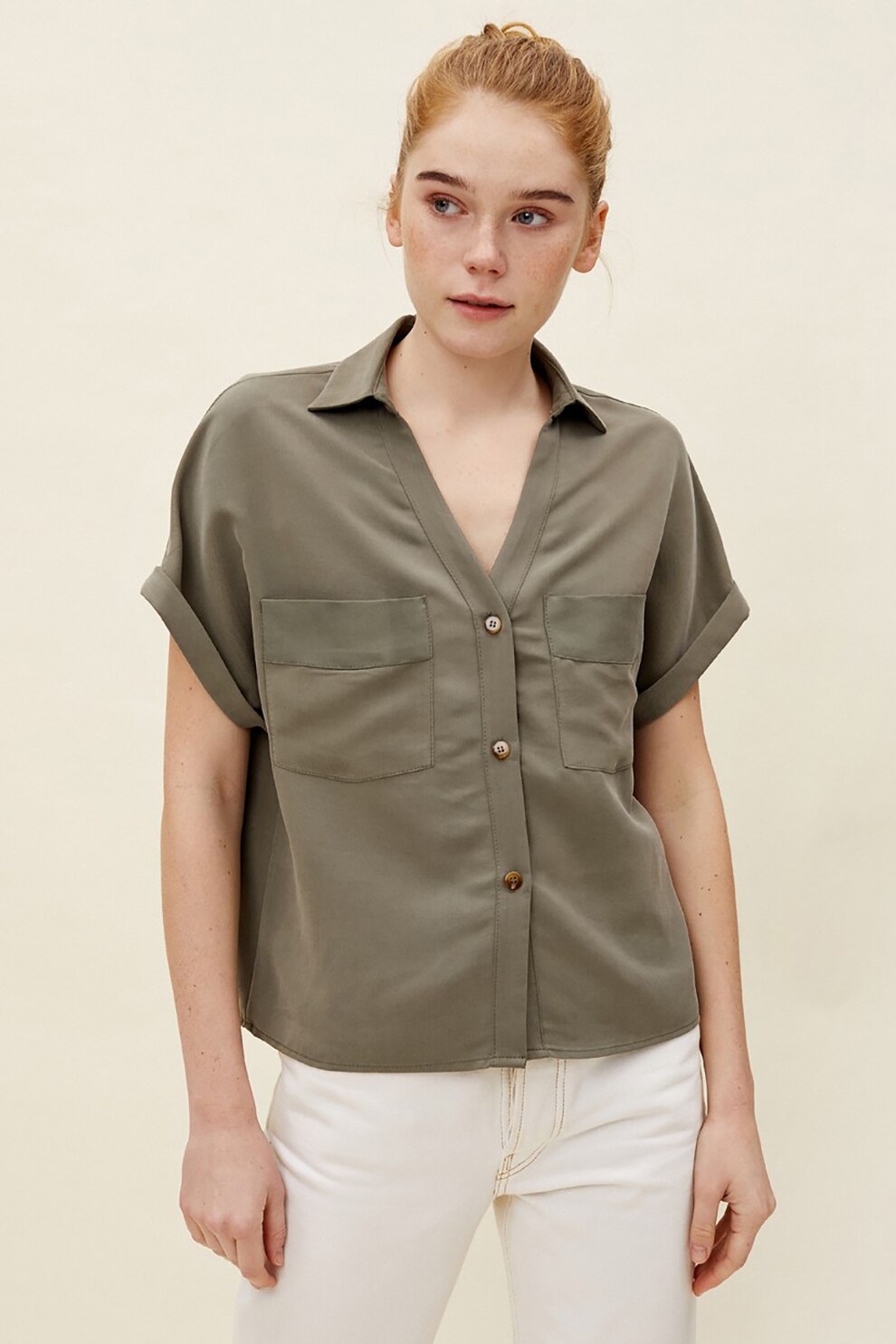 KOTON, Camasa din amestec de modal, cu buzunare pe piept, Verde forest