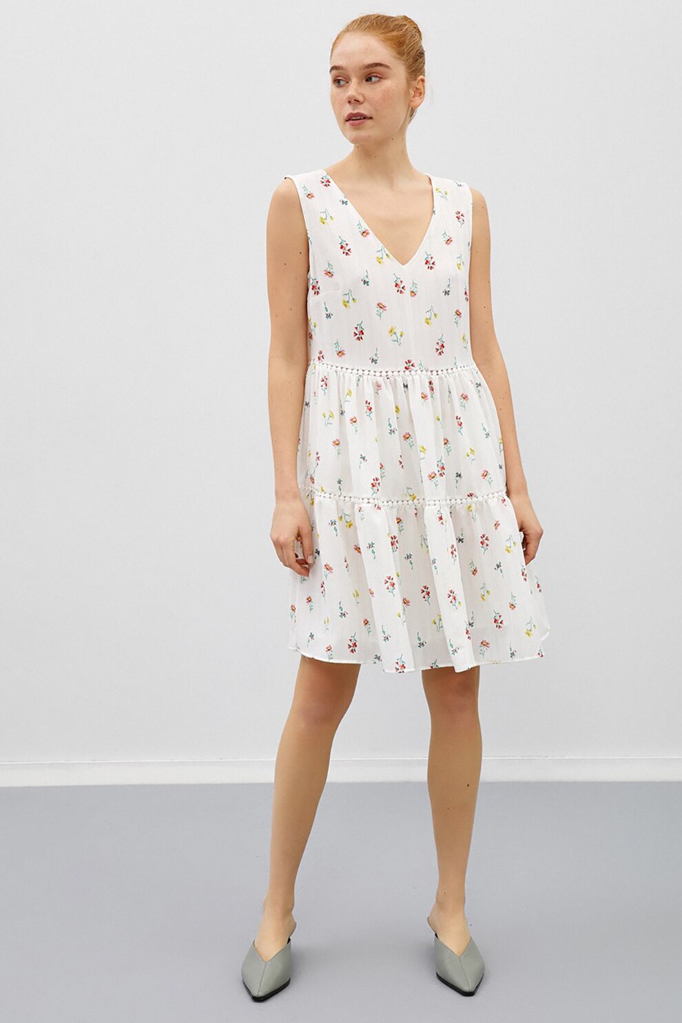 KOTON, Rochie cu model floral si decolteu in V, Alb