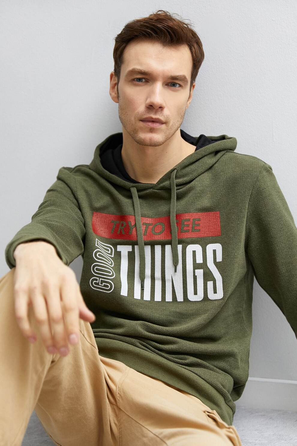 KOTON, Hanorac din tricot cu imprimeu text, Verde militar, S