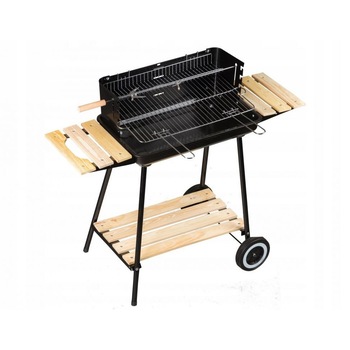 Gratar mobil din metal pe lemne si carbune pentru curte si gradina, 3 rafturi din lemn, negru Gratar mobil din metal pe lemne si carbune pentru curte si gradina, 3 rafturi din lemn, negru