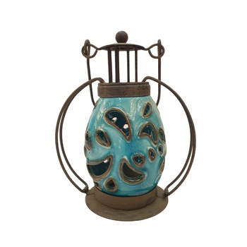 Candela felinar ceramic cu suport metalic antichizata, albastru,17cm Candela felinar ceramic cu suport metalic antichizata, albastru,17cm