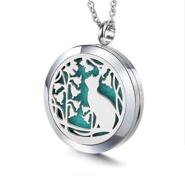 Colier Aromaterapie tip difuzor pentru uleiuri esentiale, Floral Kitten, Rotund, Argintiu