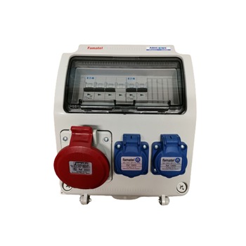 Tablou electric Famatel echipat cu o priza trifazata 5P 16A + 2 prize monofazate schuko 16A, 9L IP44 cu aparataj automat Eaton Tablou electric Famatel echipat cu o priza trifazata 5P 16A + 2 prize monofazate schuko 16A, 9L IP44 cu aparataj automat Eaton