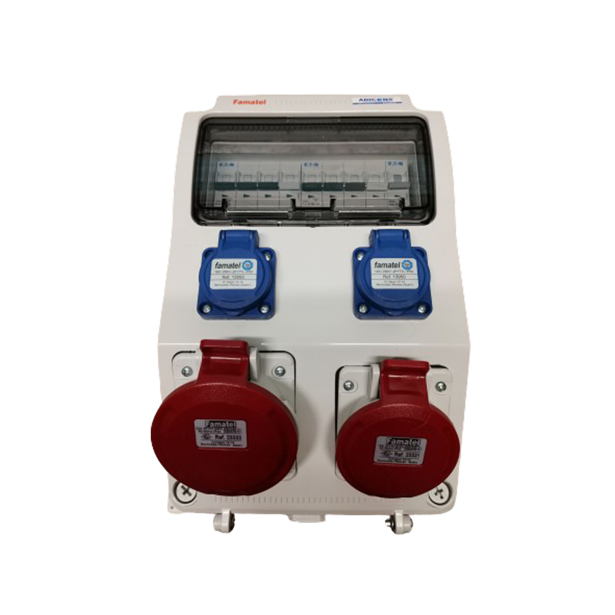 Tablou electric Famatel echipat cu 2 prize trifazate 5P 16A + 2 prize monofazate schuko 16A, 9L IP44 cu aparataj automat Eaton