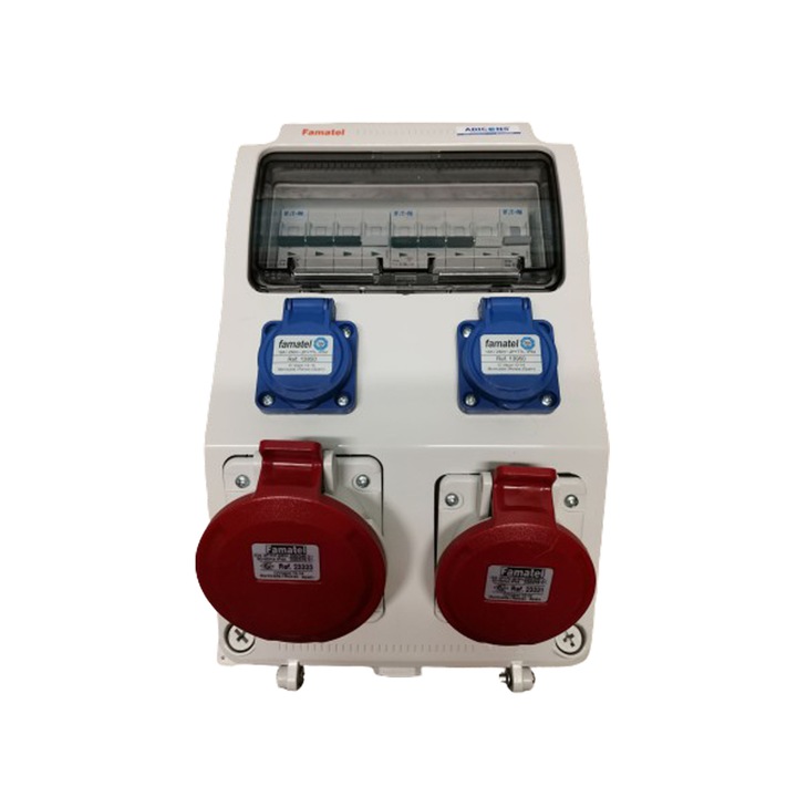 Tablou electric Famatel echipat cu o priza trifazata 5P 16A + o priza trifazata 5P 32A + 2 prize monofazate schuko 16A, 9L IP44 cu aparataj automat Eaton