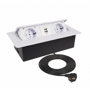 Priza incorporabila in blat dreptunghiulara Kombibox, finisaj alb, 2 prize Schuko + 2 USB si incarcator incorporat, 266x133 cm Priza incorporabila in blat dreptunghiulara Kombibox, finisaj alb, 2 prize Schuko + 2 USB si incarcator incorporat, 266x133 cm