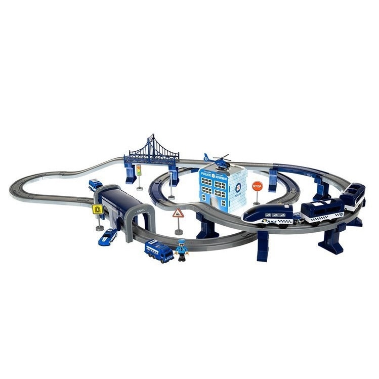 Set Trenulet de Jucarie, PoliceTrain, Locomotiva Electrica, Include Masina de Politie si Elicopter, cu Semne de Circulatie si Politist, 92 Piese, Albastru