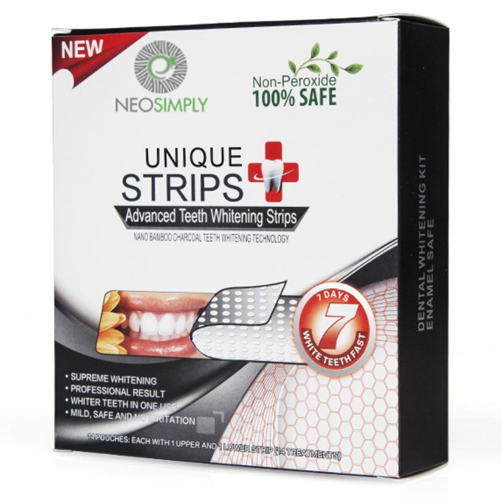 Set Benzi pentru albirea dintilor cu carbune activat, Fara peroxid, NeoSimply, 14 plicuri, 65 g