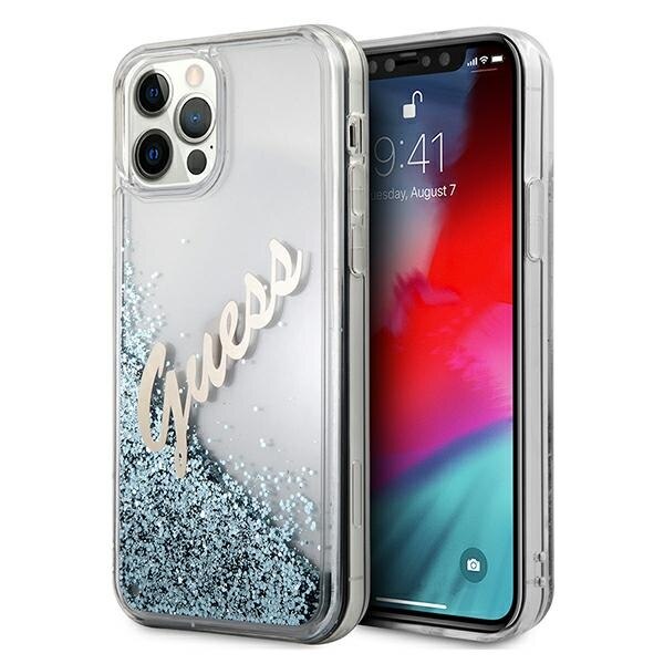 Husa compatibila cu iPhone 12 Pro Max Guess Glitter Vintage Script Blue