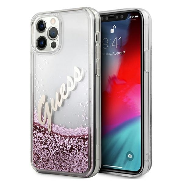 Husa compatibila cu iPhone 12 / 12 Pro Guess Glitter Vintage Script Pink