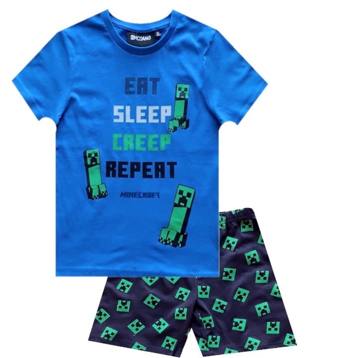 Pijama Minecraft Creeper, baieti, maneca scurta, /, albastru