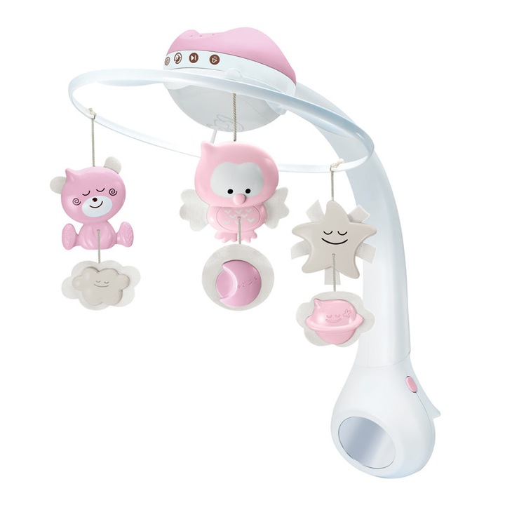 Музикална въртележка за бебешко креватче, 3в1, с проектор, трансформируема в нощна лампа, успокояваща музика, звуци от природата, огледало, таймер, подвижни играчки, бяло/розово