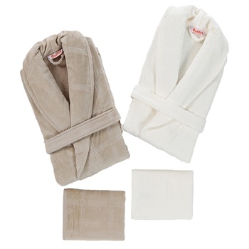Set 2 halate + 2 prosoape de baie Dilay, bej + crem Set 2 halate + 2 prosoape de baie Dilay, bej + crem