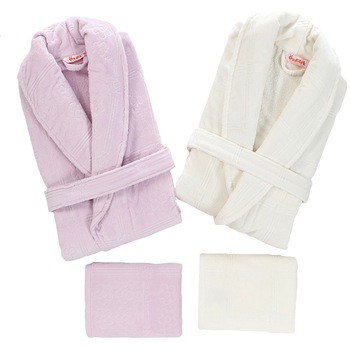 Set 2 halate + 2 prosoape de baie Dilay, roz + crem Set 2 halate + 2 prosoape de baie Dilay, roz + crem