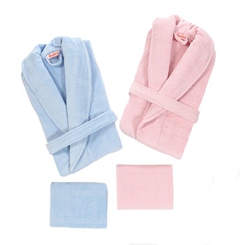 Set 2 halate + 2 prosoape de baie Dilay, roz + bleu Set 2 halate + 2 prosoape de baie Dilay, roz + bleu