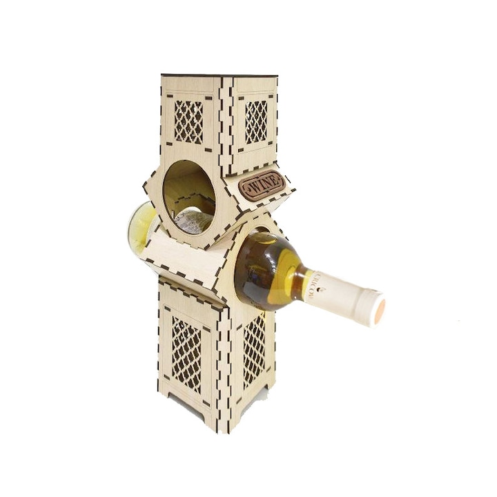 Cutie sticla de vin woodmag v4, capac, rack 2 sticle, lemn natur, 9.6 x 9.6 x 36 cm