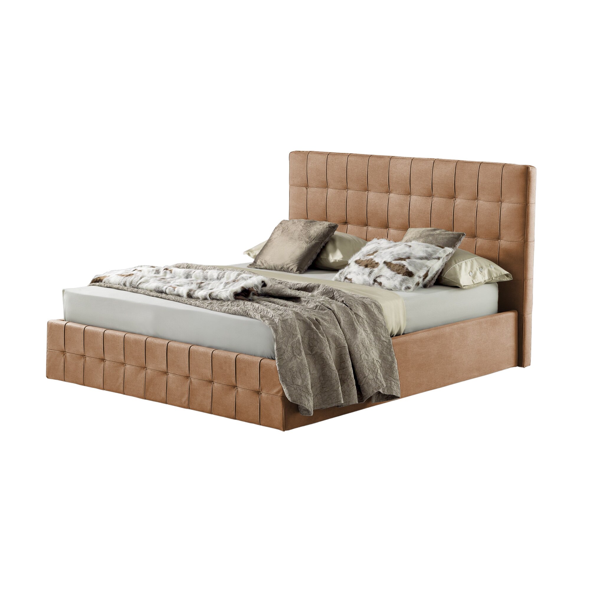 Pat Tapitat Rabatabil cu Lada Depozitare, 190x200 cm, Notturno Promo, Dolce Dormire, Piele Ecologica, Maro deschis