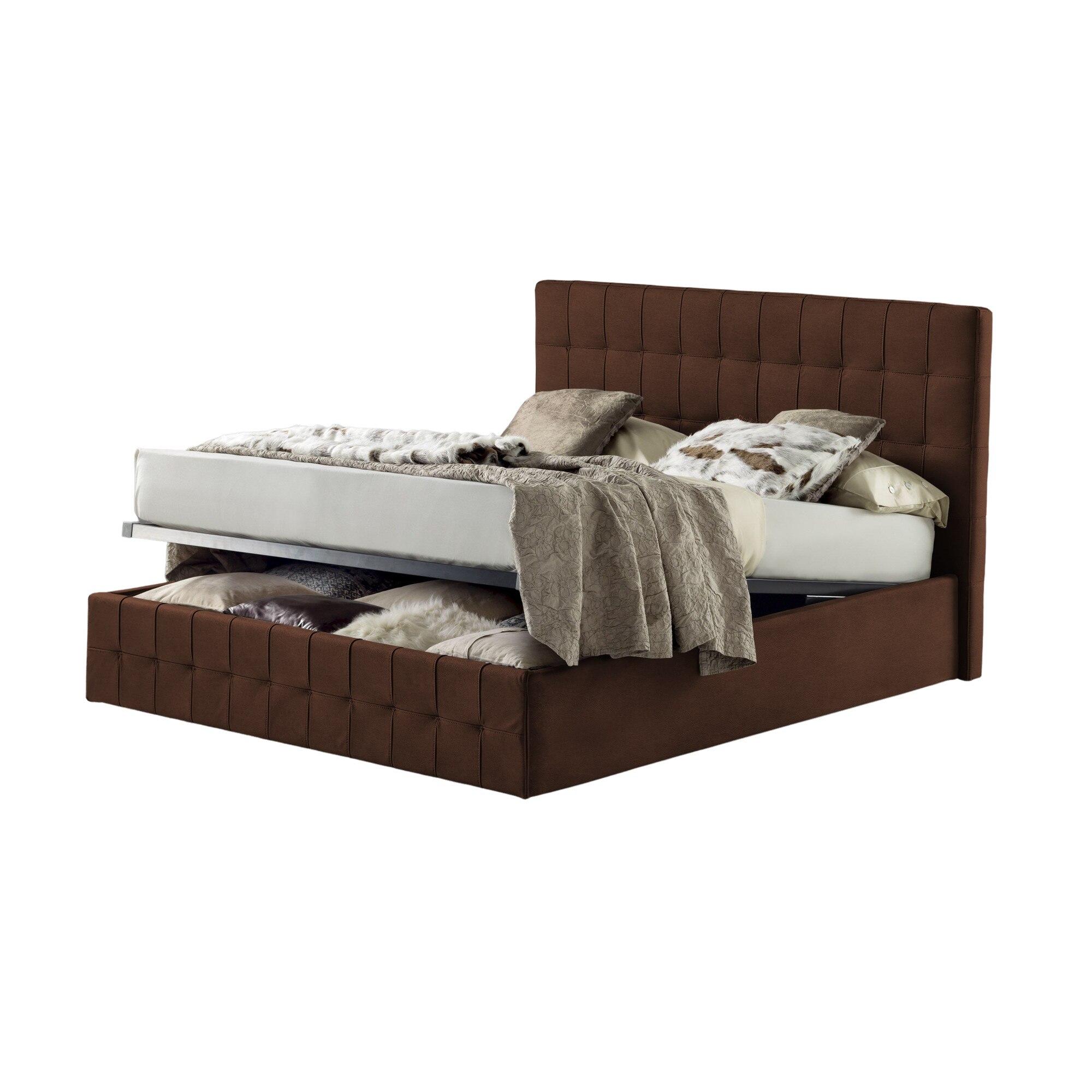 Pat Tapitat Rabatabil cu Lada Depozitare, 150x200 cm, Notturno Promo, Dolce Dormire, Piele Ecologica, Maro inchis