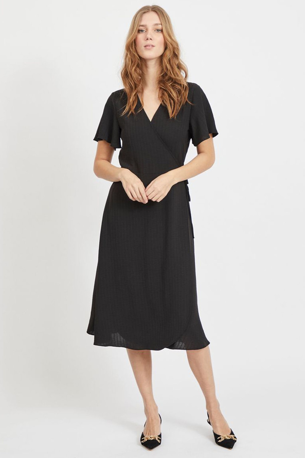 Vila, Rochie midi cu croiala petrecuta si decolteu cache coeur, Negru, XS